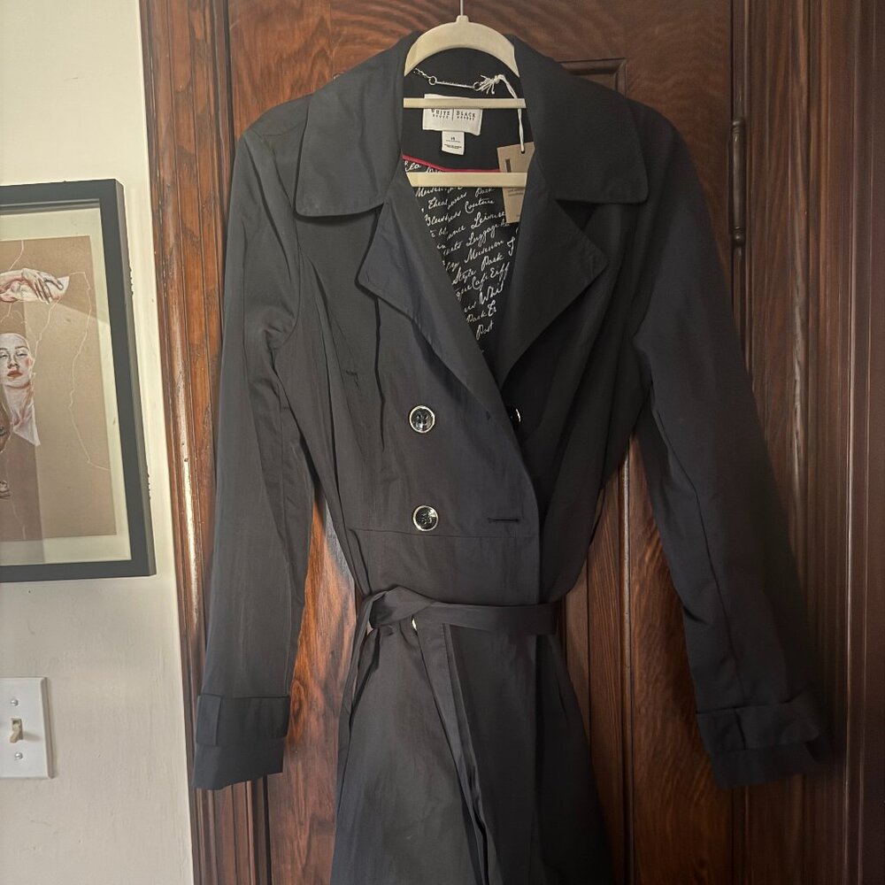 White House Black Market Belted Trench Coat Black Size 14, Classic Script Lining